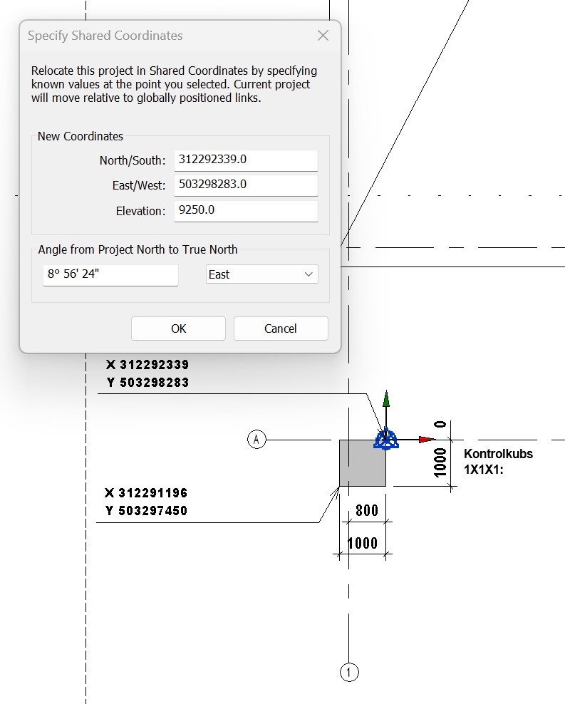Koordinācijas kubs 1×1×1 m pie projekta ass A-1 un Revit Specify Shared Coordinates iestatījumi